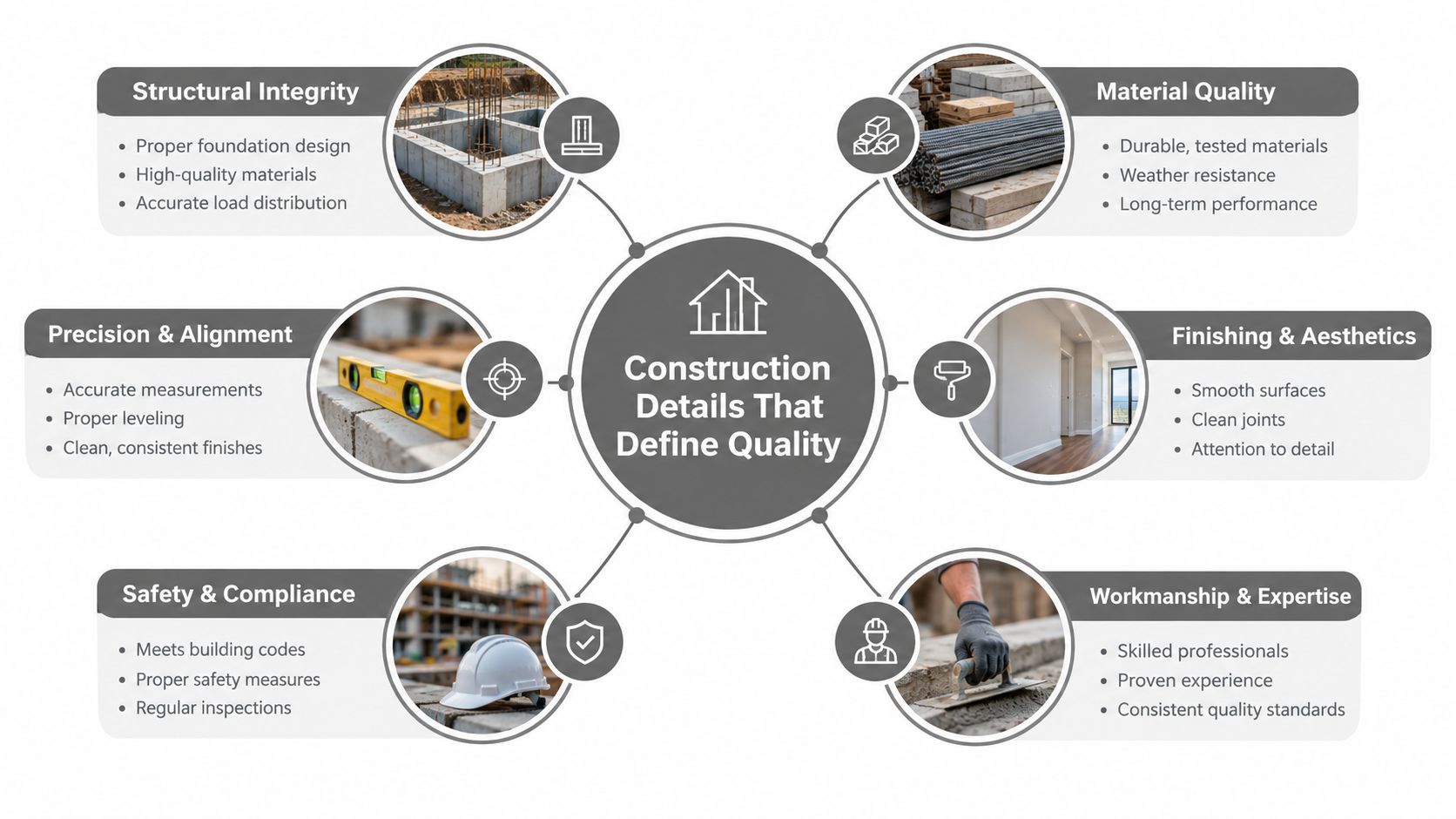 A diagram outlining the six key pillars that define construction quality including materials, workmanship, and safety standards.