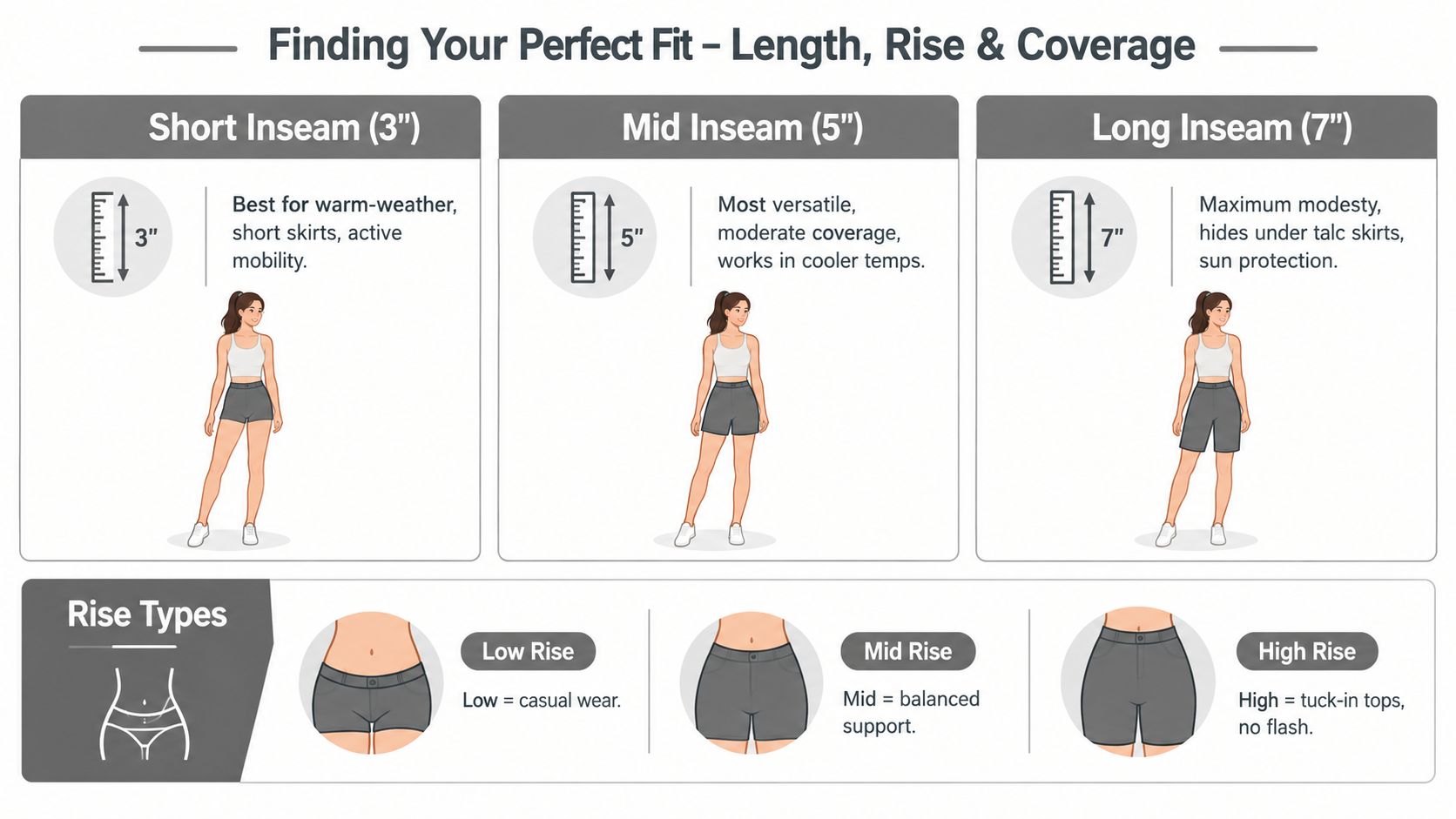 A guide explaining different lengths and rise types for women's shorts and golf skorts for a perfect fit.