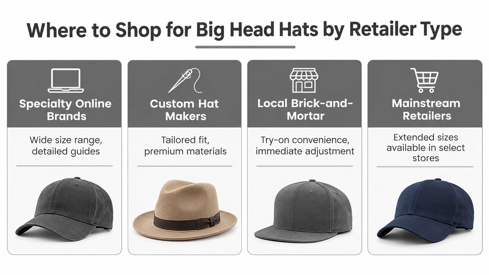 An infographic showing four retail types for purchasing hats for big heads, including online and local shops.