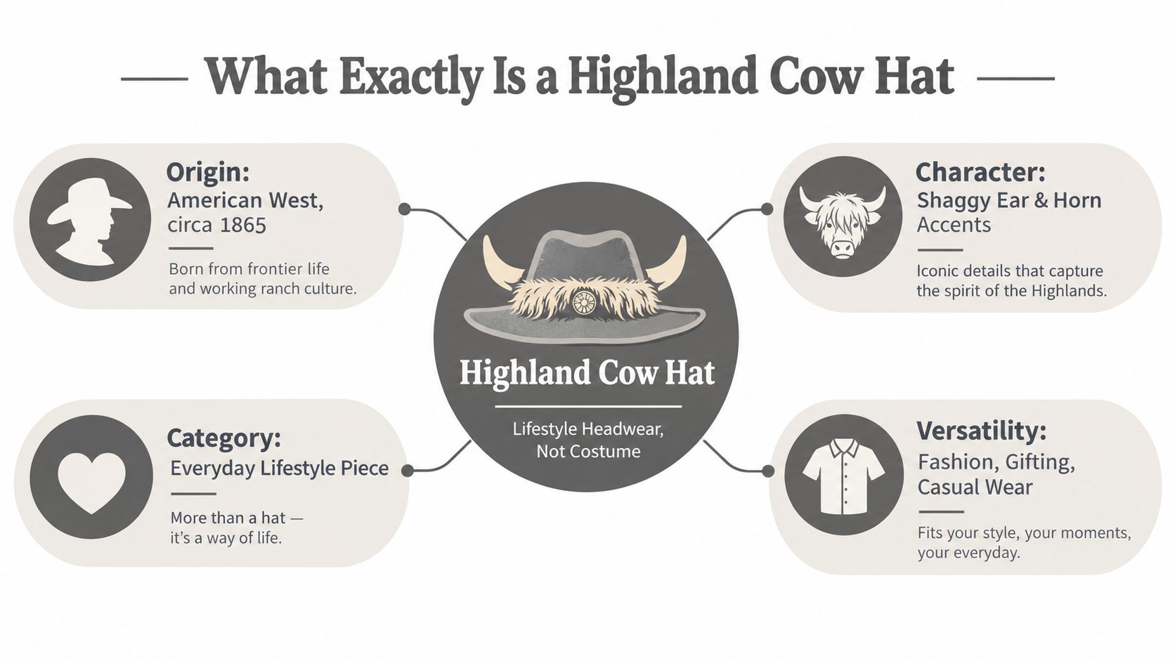 An infographic detailing the origin, character, category, and versatility of a Highland Cow Hat design concept.