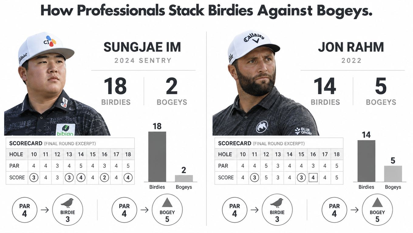 A data visualization comparing the birdie and bogey statistics of professional golfers Sungjae Im and Jon Rahm.