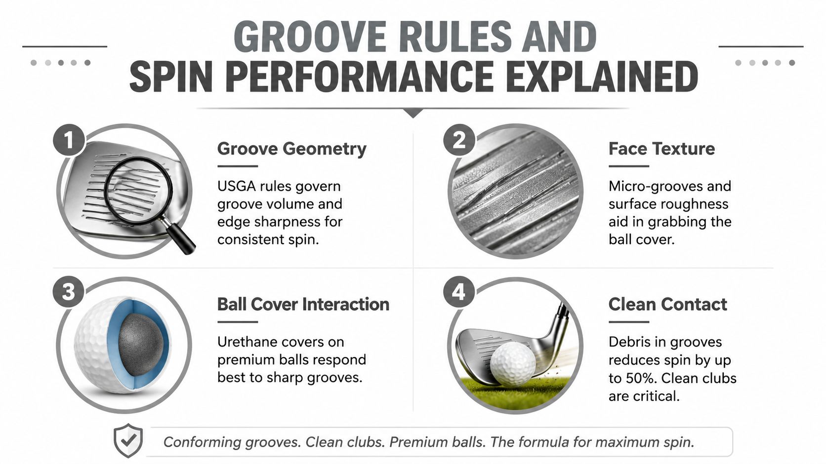 An infographic titled Groove Rules and Spin Performance Explained showing four factors affecting golf ball spin.