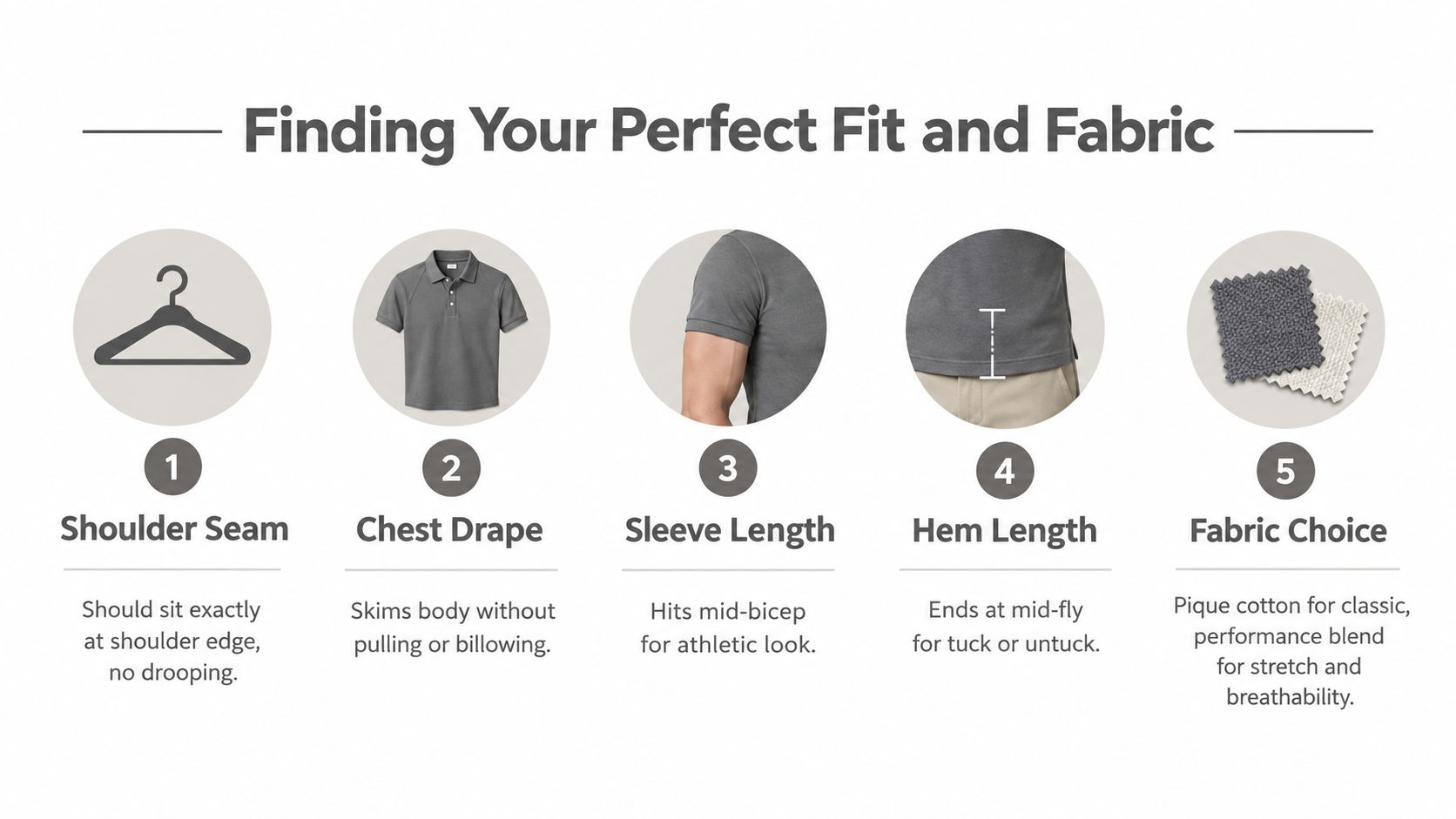 A five-step guide on how to find the perfect fit and fabric for men's polo shirts.
