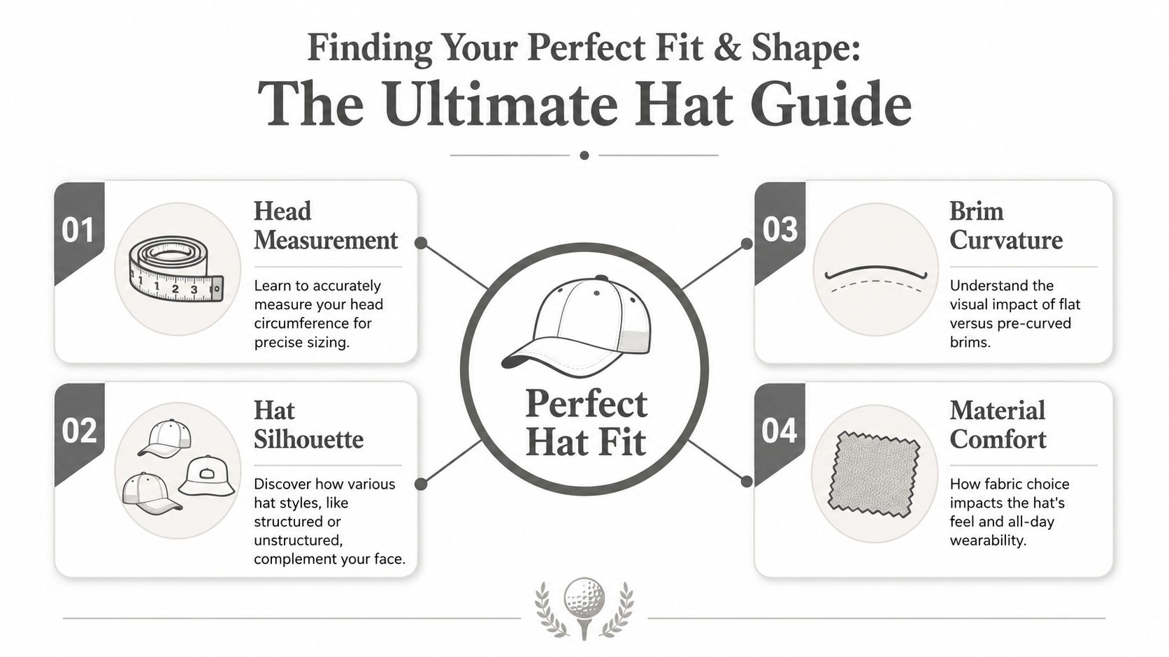 An infographic titled The Ultimate Hat Guide detailing four essential factors for finding the perfect hat fit.
