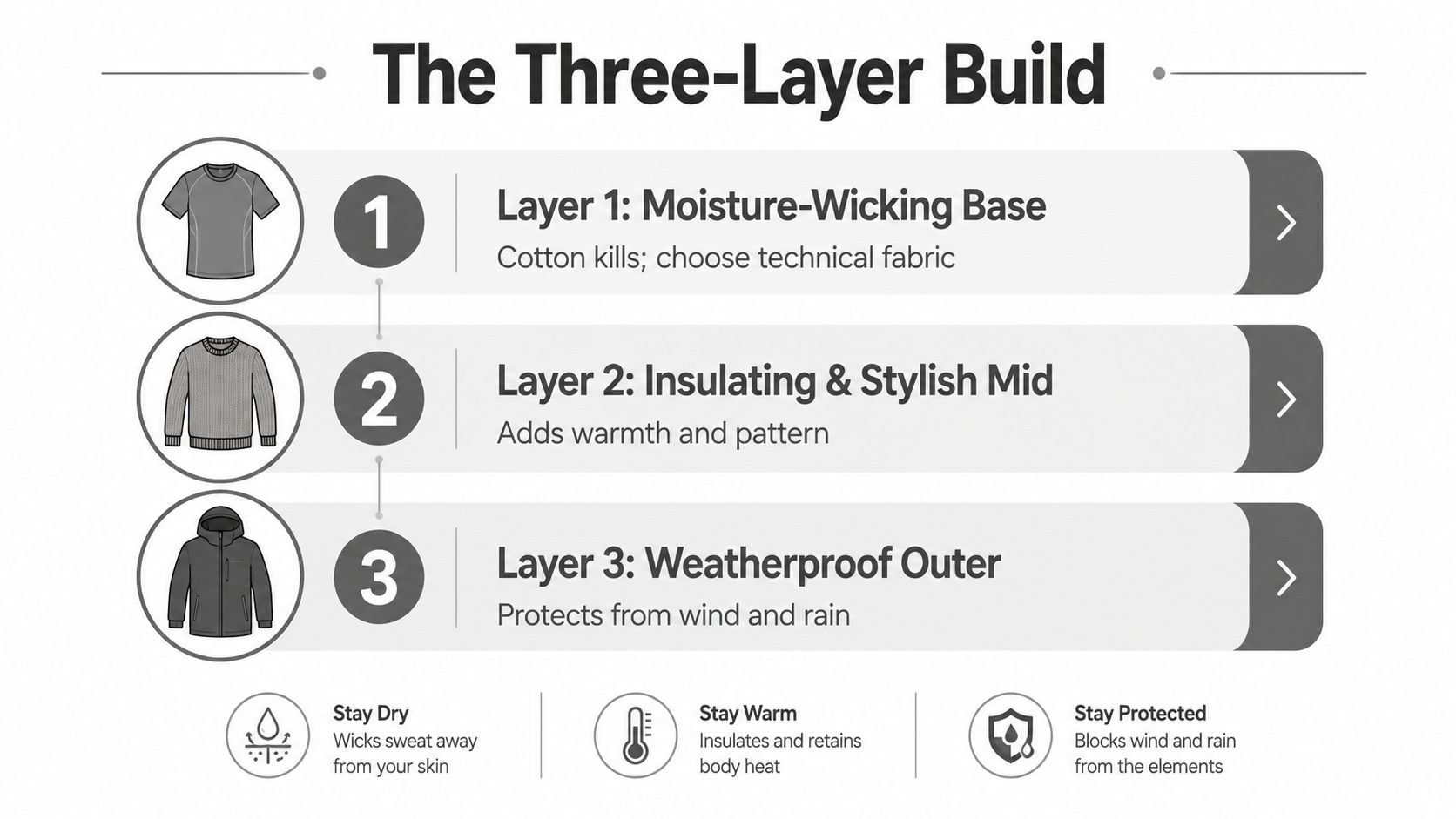 A diagram illustrating the three-layer clothing system for staying warm, dry, and protected outdoors.