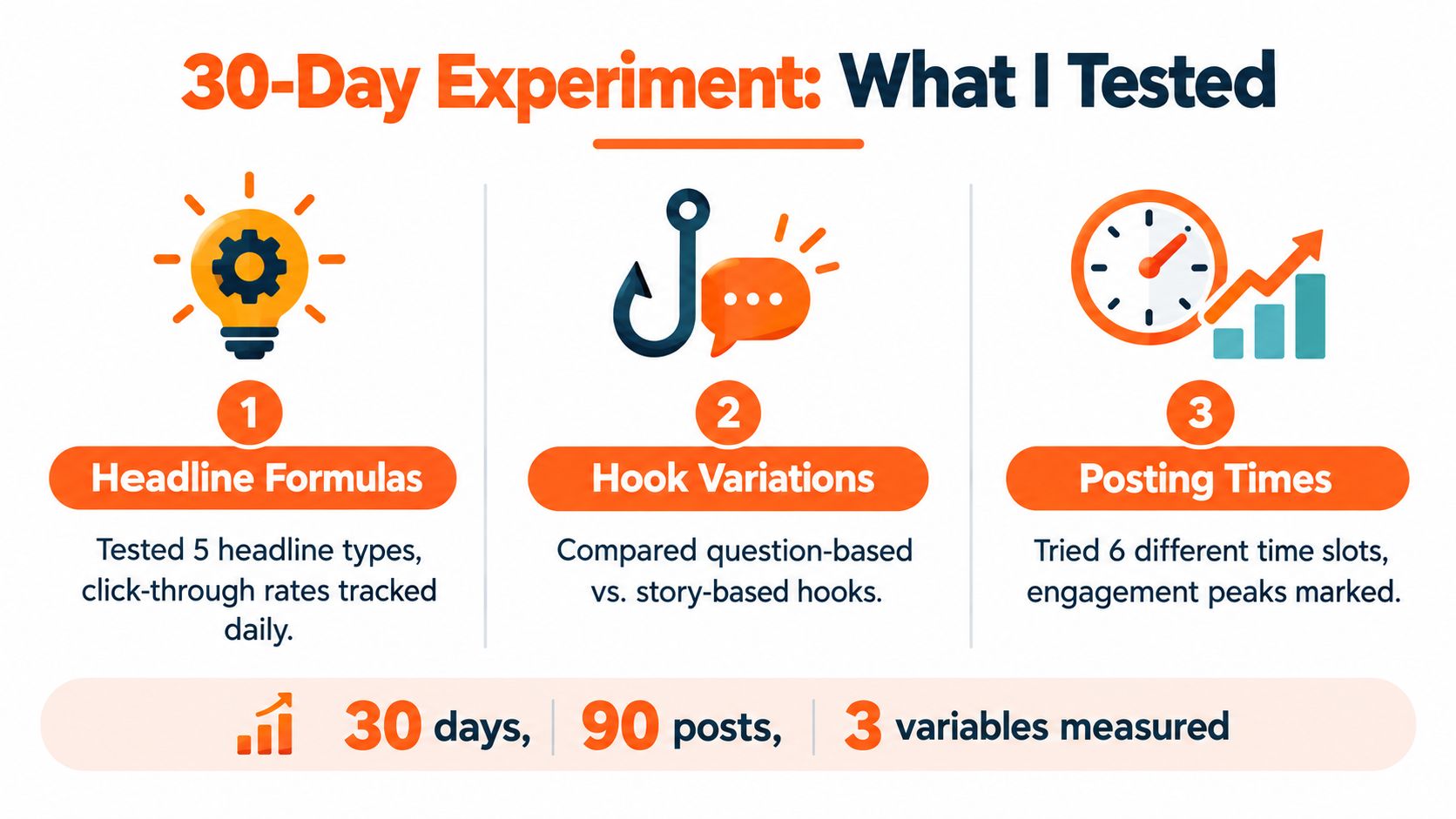 A graphic showing a 30-day experiment measuring headline formulas, hook variations, and social media posting times.