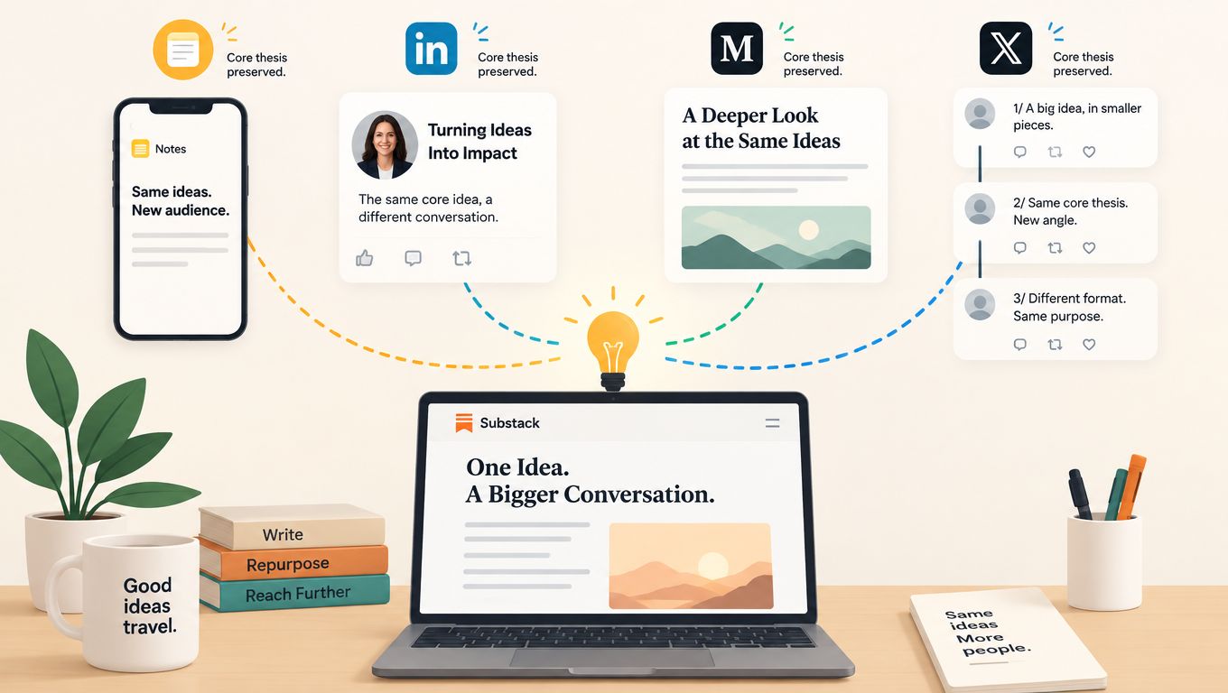 A creative illustration demonstrating how to repurpose a single blog post idea into multiple social media platforms.