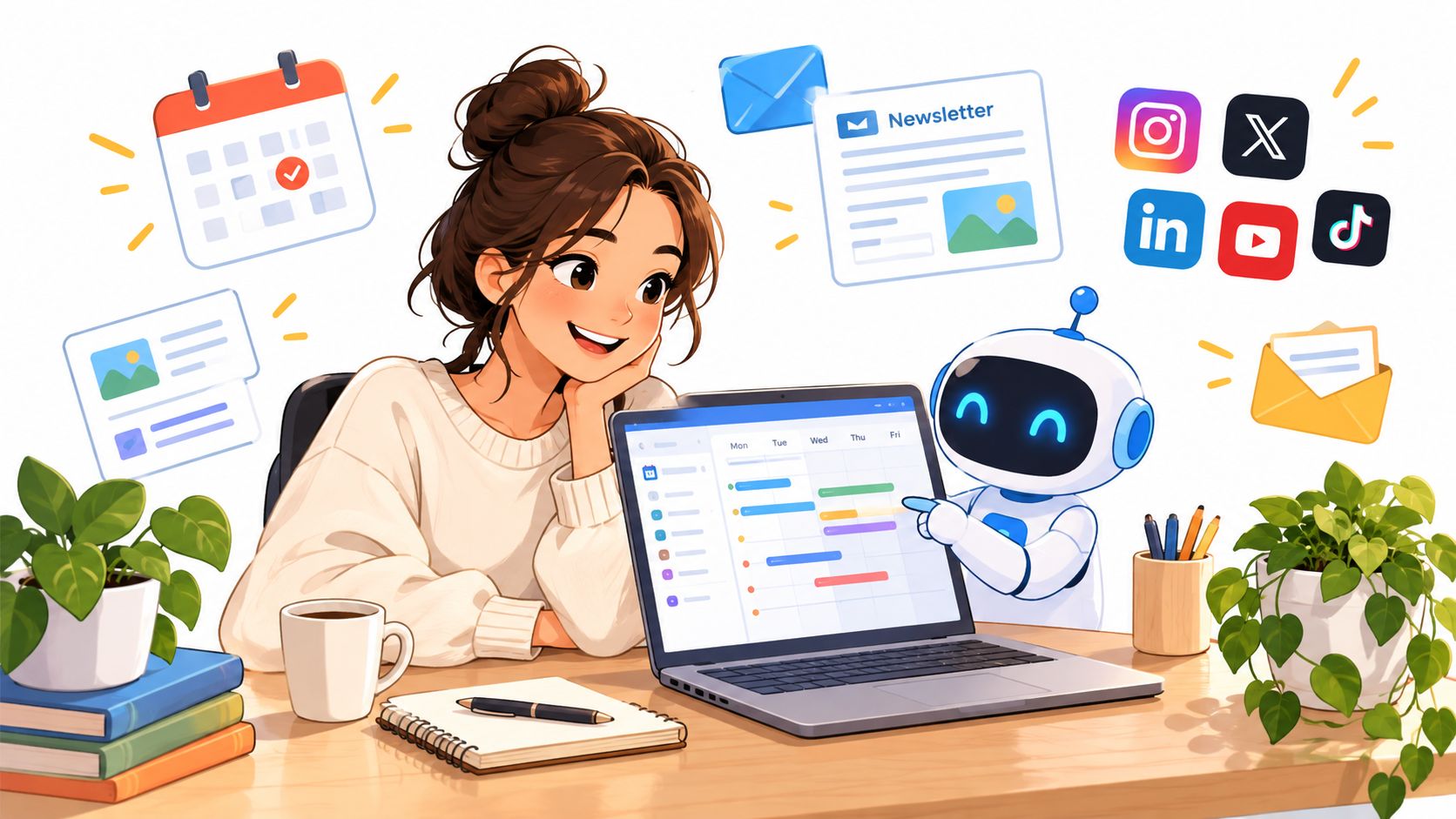 A young woman smiling while working on a laptop with an AI assistant robot in a workspace.