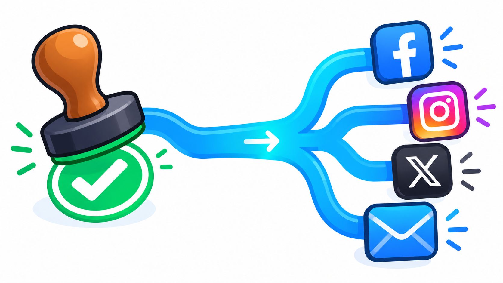 A digital stamp with a checkmark connecting to various social media platforms and email communication channels.