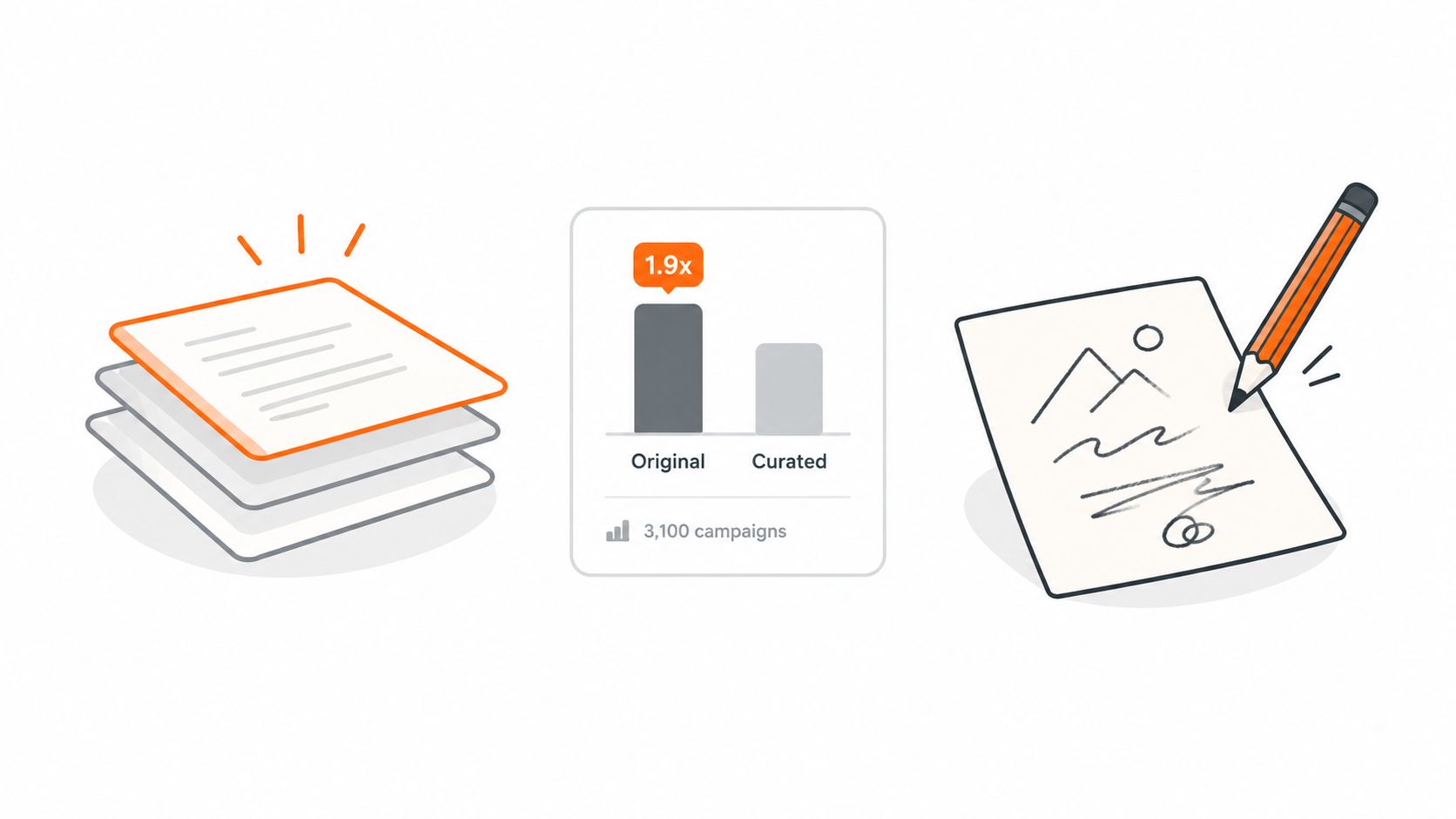 A graphic illustration depicting the contrast between content creation and content curation using documents, a chart, and sketching.