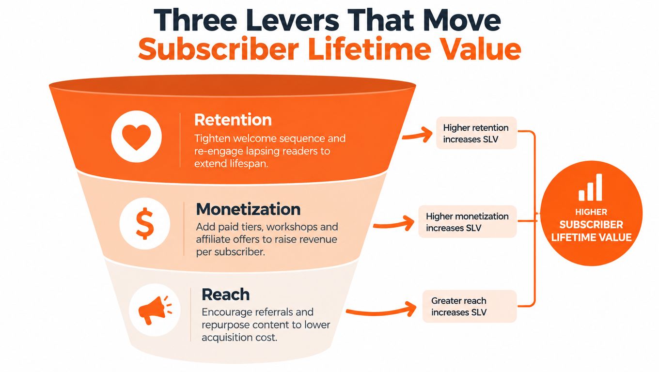 A funnel diagram illustrating three key levers: Retention, Monetization, and Reach to increase subscriber lifetime value.