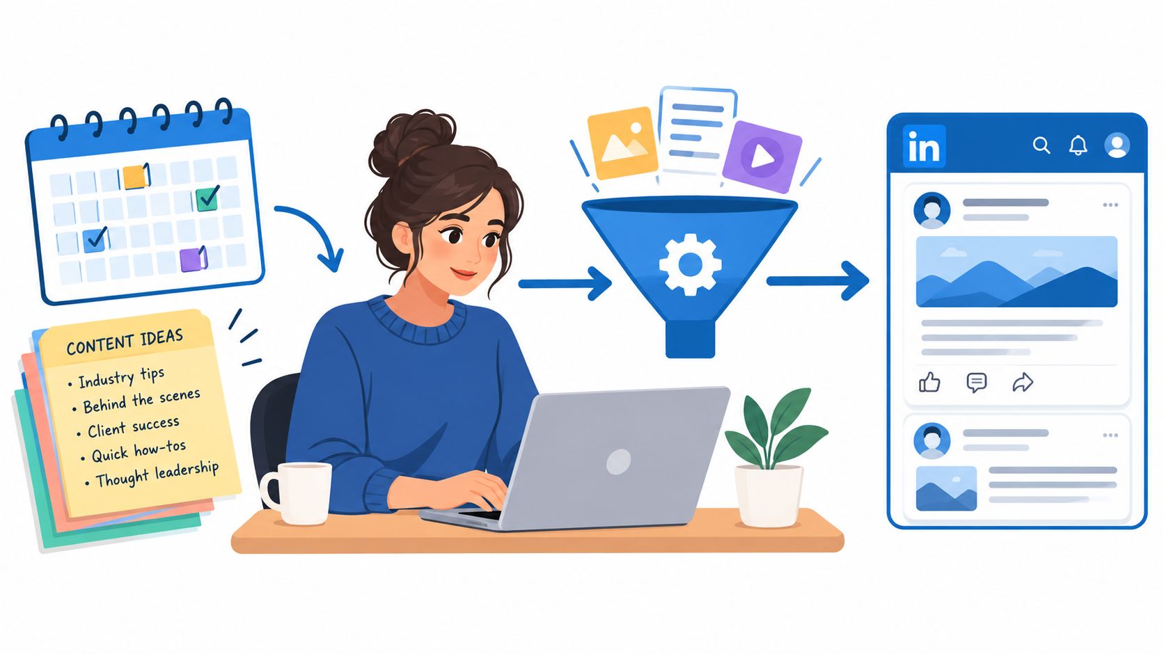 A woman using a laptop to plan and organize content for LinkedIn posts using a calendar workflow.