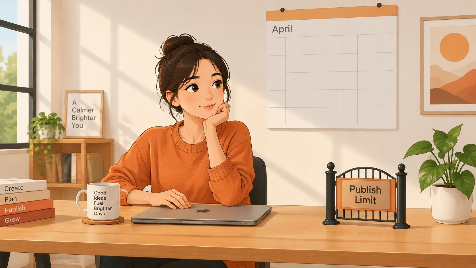 A digital illustration of a thoughtful woman sitting at a desk planning her content creation schedule.