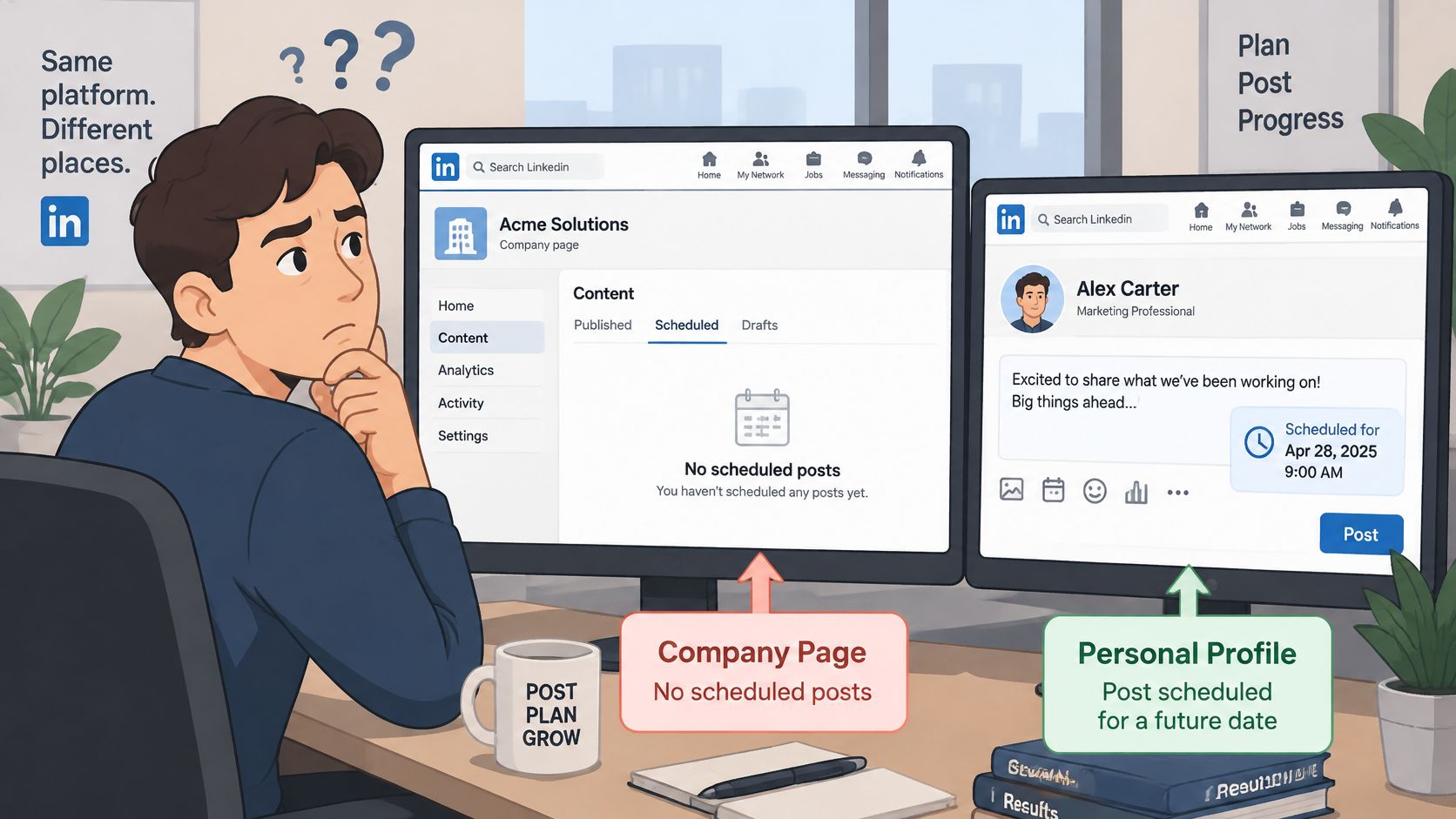 A person looking confused at two computer screens comparing LinkedIn personal profile and company page scheduling features.