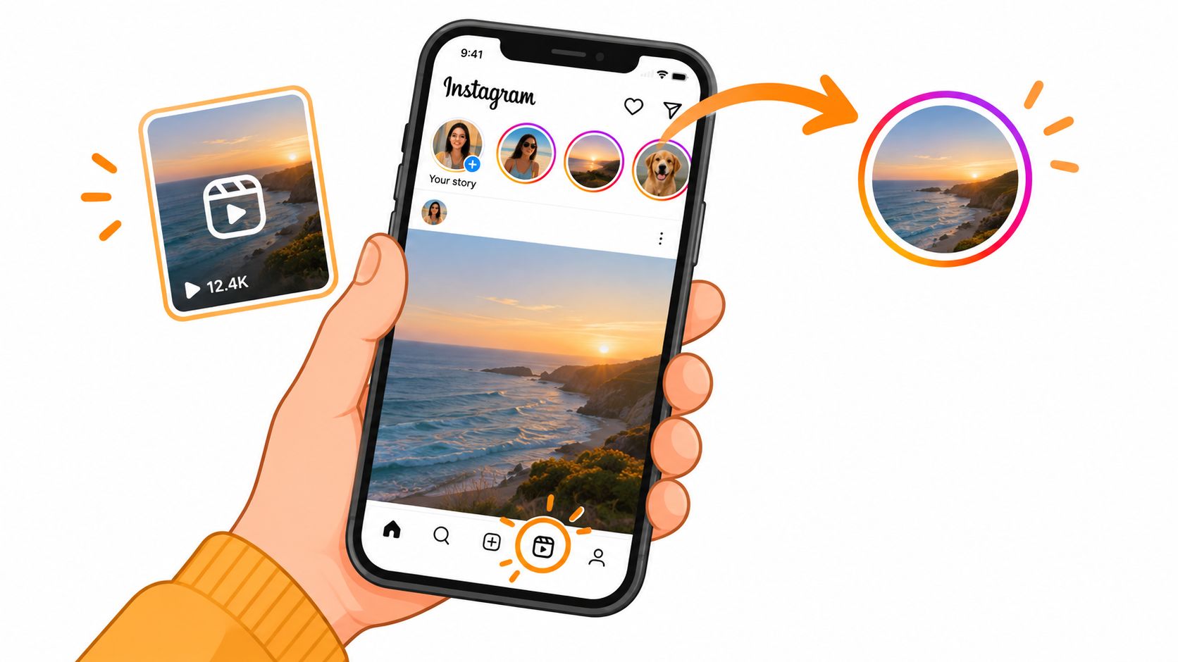 A hand holding a smartphone showing an Instagram interface demonstrating the process of sharing a video reel to a story.