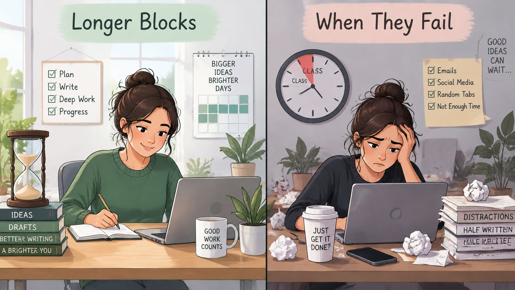 A split-screen illustration comparing productive focused work with longer blocks versus stressed multitasking and distraction.