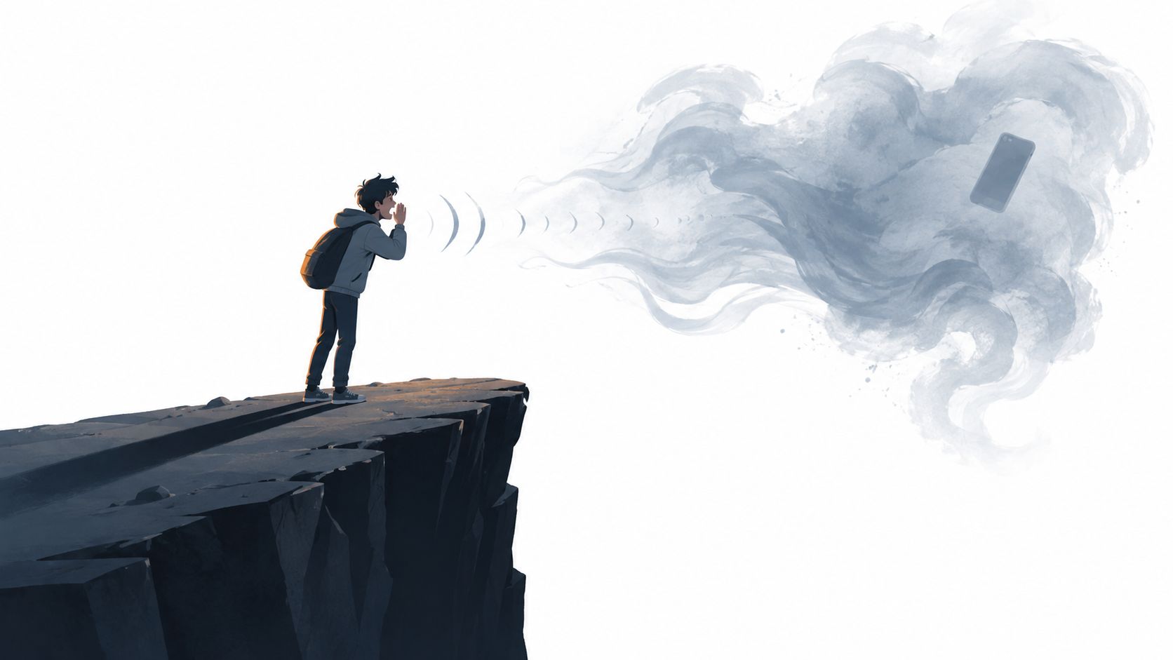 A boy stands on a cliff edge shouting towards a floating smartphone surrounded by stylized gray smoke.