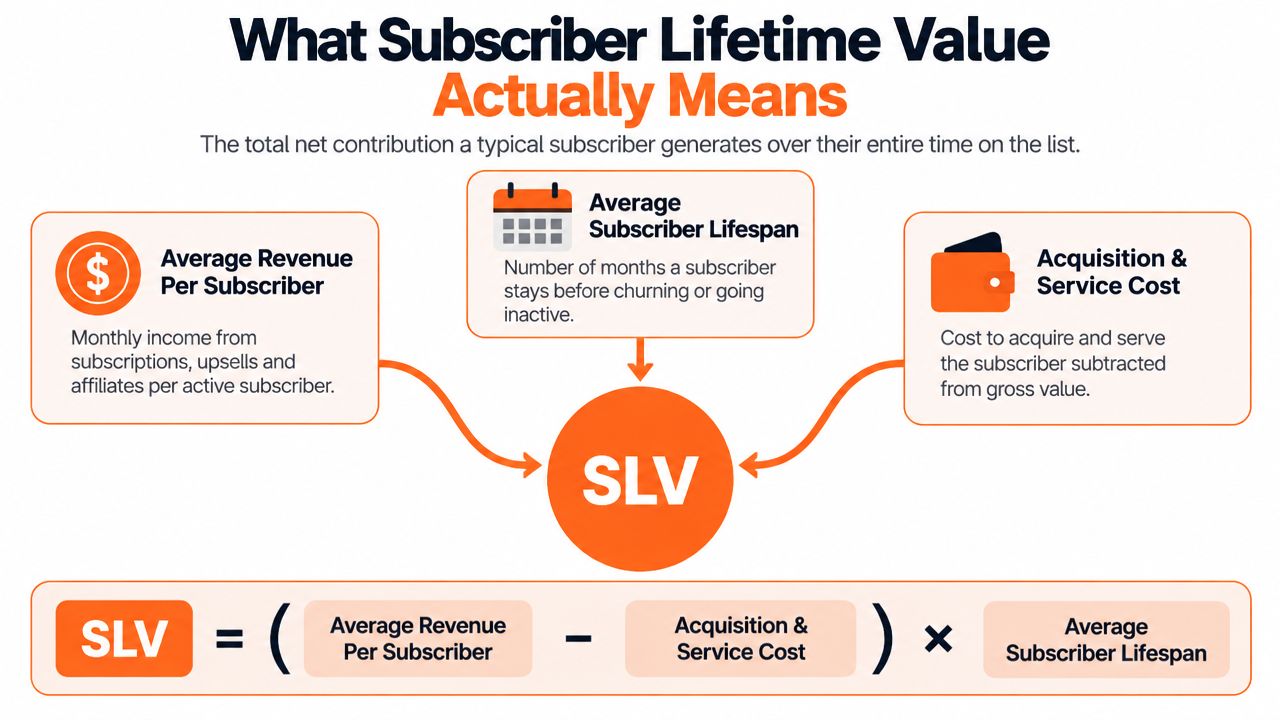 A diagram explaining Subscriber Lifetime Value (SLV) calculation using revenue, acquisition costs, and subscriber lifespan.