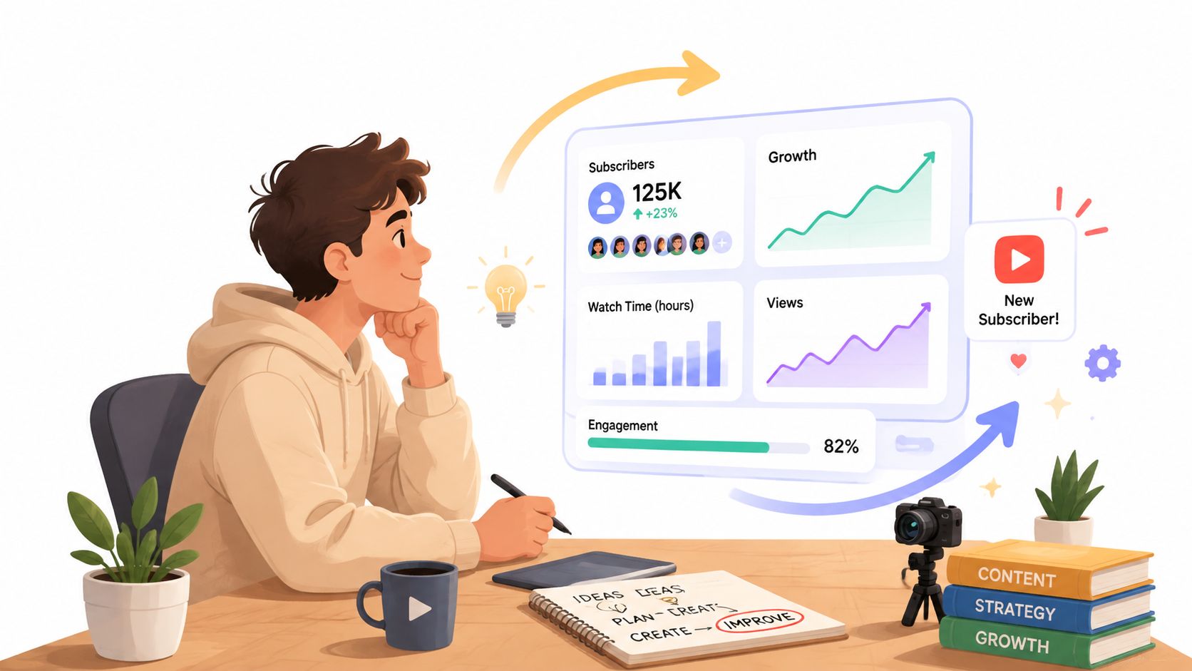 A young content creator sitting at a desk with analytics, strategy books, and a camera, planning growth.