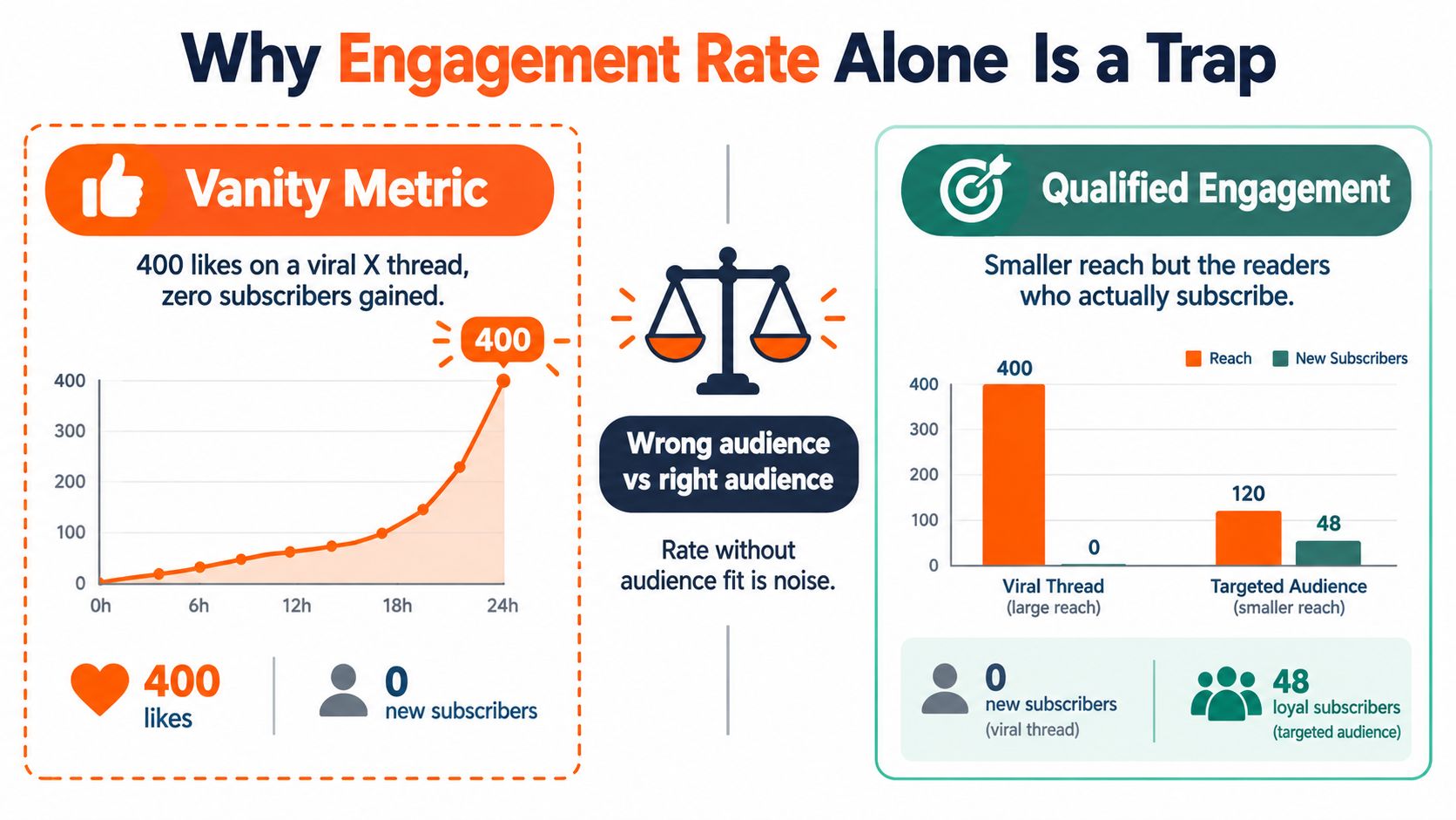 An infographic comparing the vanity metric of viral social media engagement against high-quality, targeted subscriber growth.