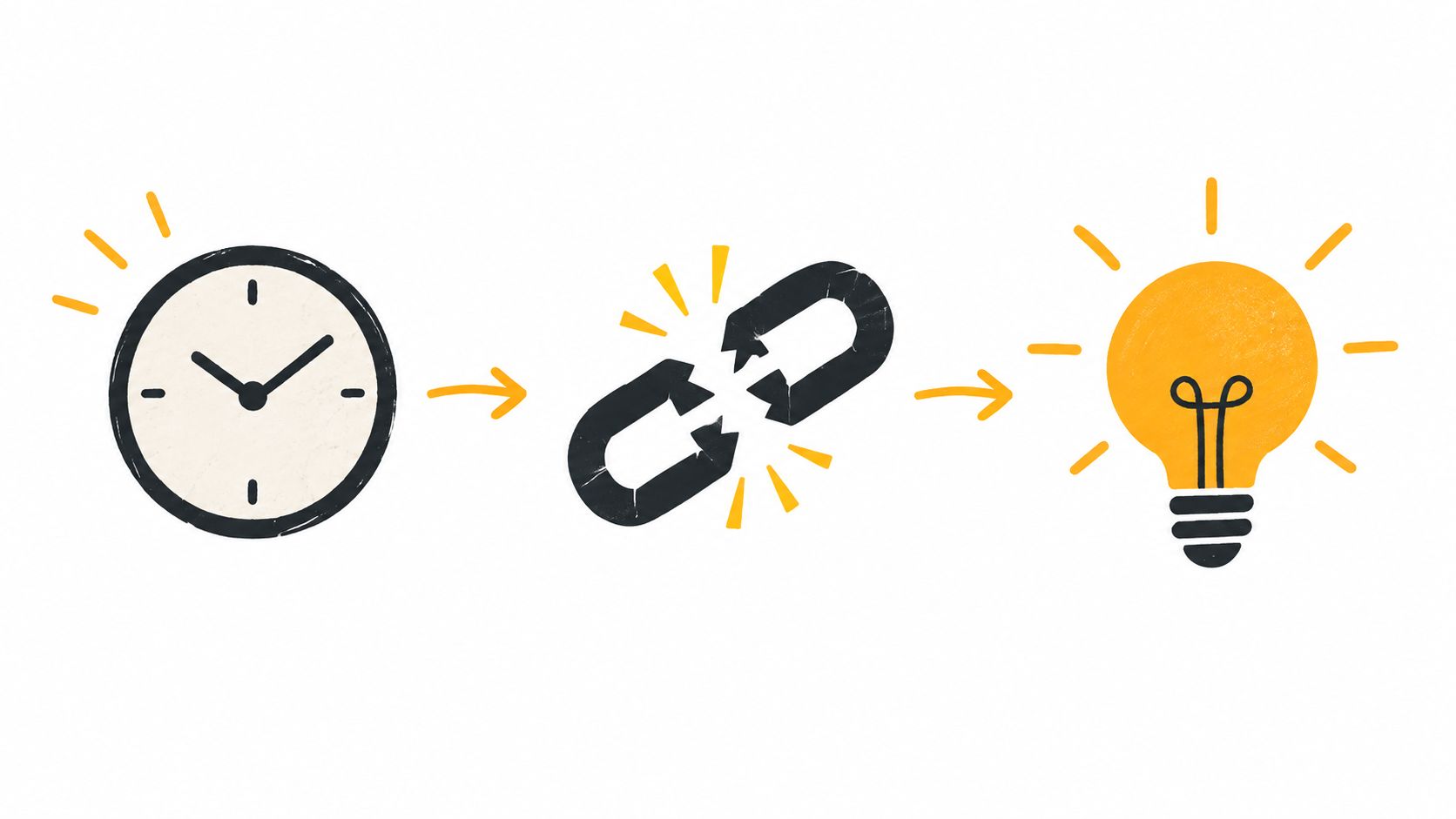 An illustration showing a clock, a broken chain, and a lightbulb connected by arrows, symbolizing creative process.