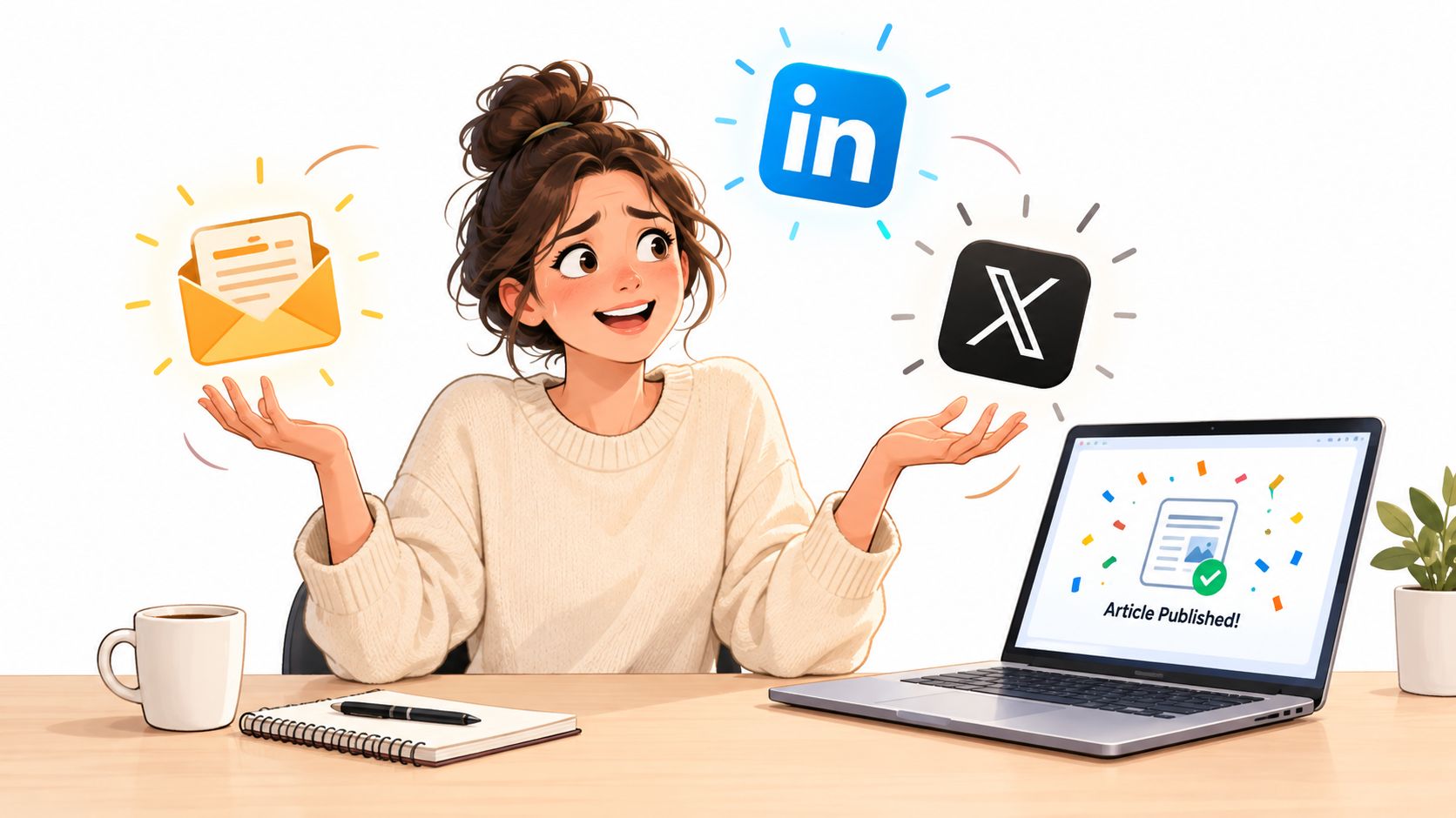 An illustration of a young woman deciding how to distribute content across email, LinkedIn, and X platforms.