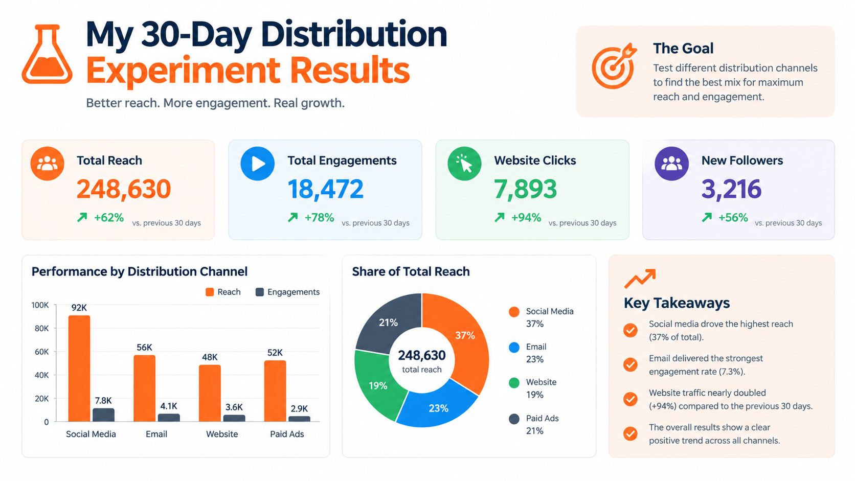An infographic showing 30-day digital marketing experiment results, including reach, engagements, website clicks, and new follower growth statistics.