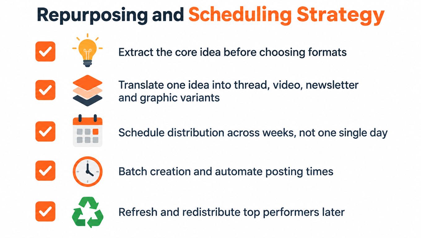 A five-step strategy graphic showing how to effectively repurpose and schedule content across various social media platforms.