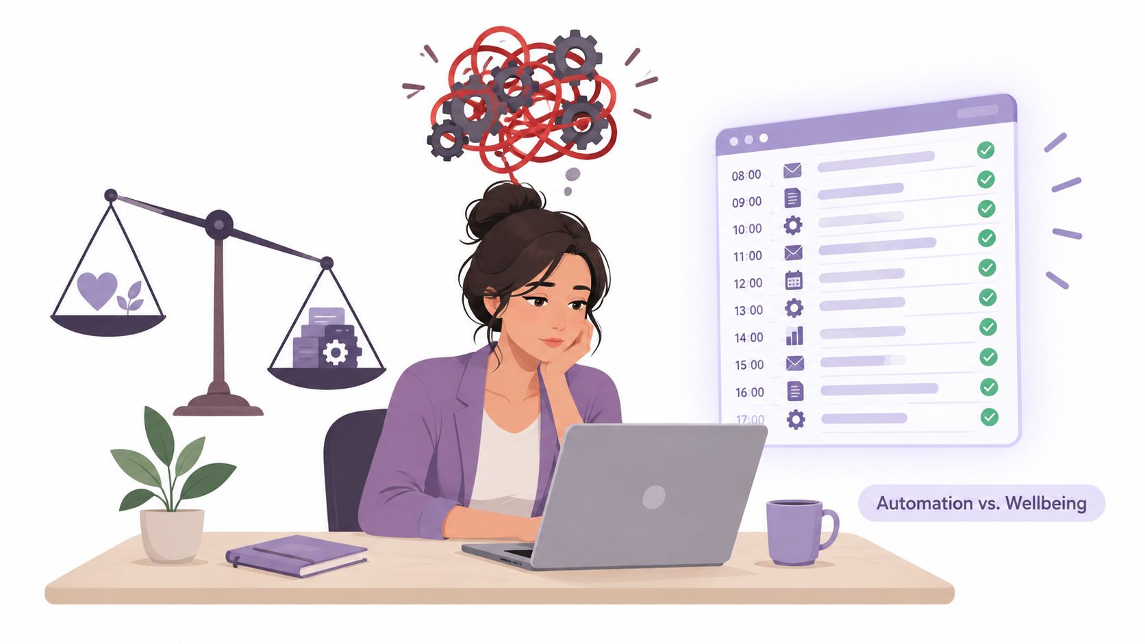 A businesswoman working on a laptop, balancing professional automation with personal wellbeing and mental health.