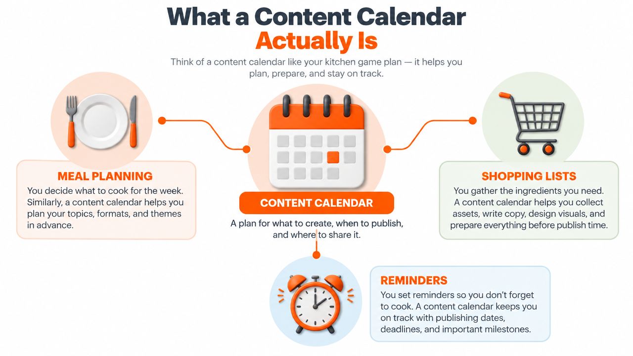 An infographic illustrating how a content calendar functions like a kitchen game plan for content creation.
