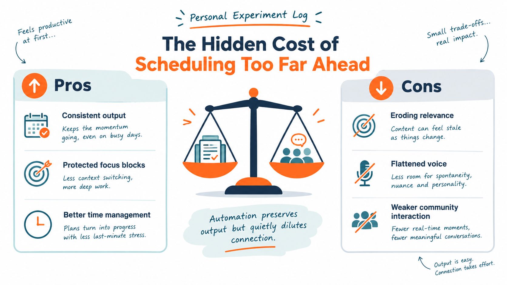 An infographic titled The Hidden Cost of Scheduling Too Far Ahead comparing pros and cons of automation.