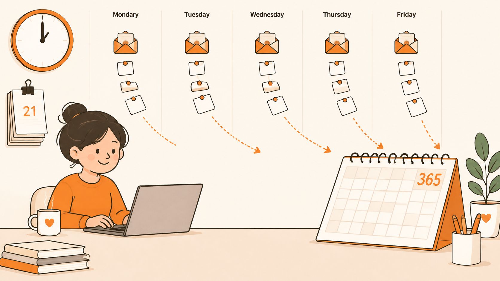 A woman working on a laptop, organizing newsletters into a calendar for efficient content marketing strategy.