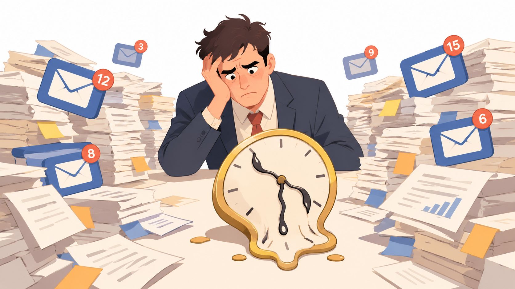 A stressed businessman sits at a desk overwhelmed by stacks of paperwork and numerous unread email notifications.