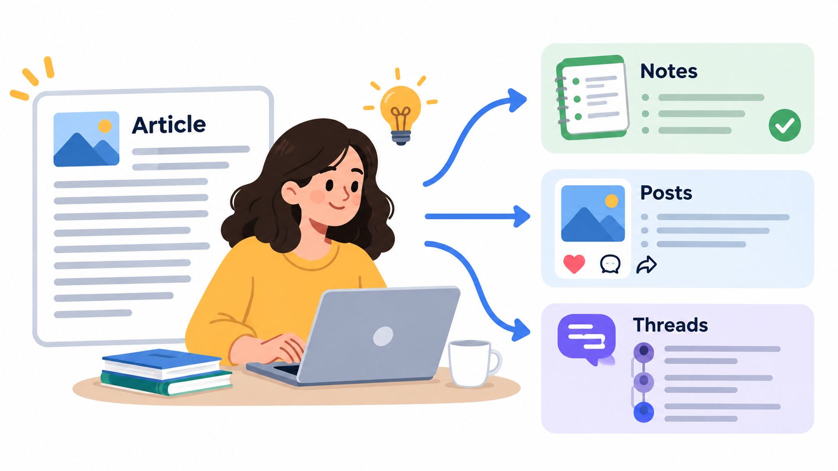A woman working on a laptop, converting an article into notes, social media posts, and discussion threads.
