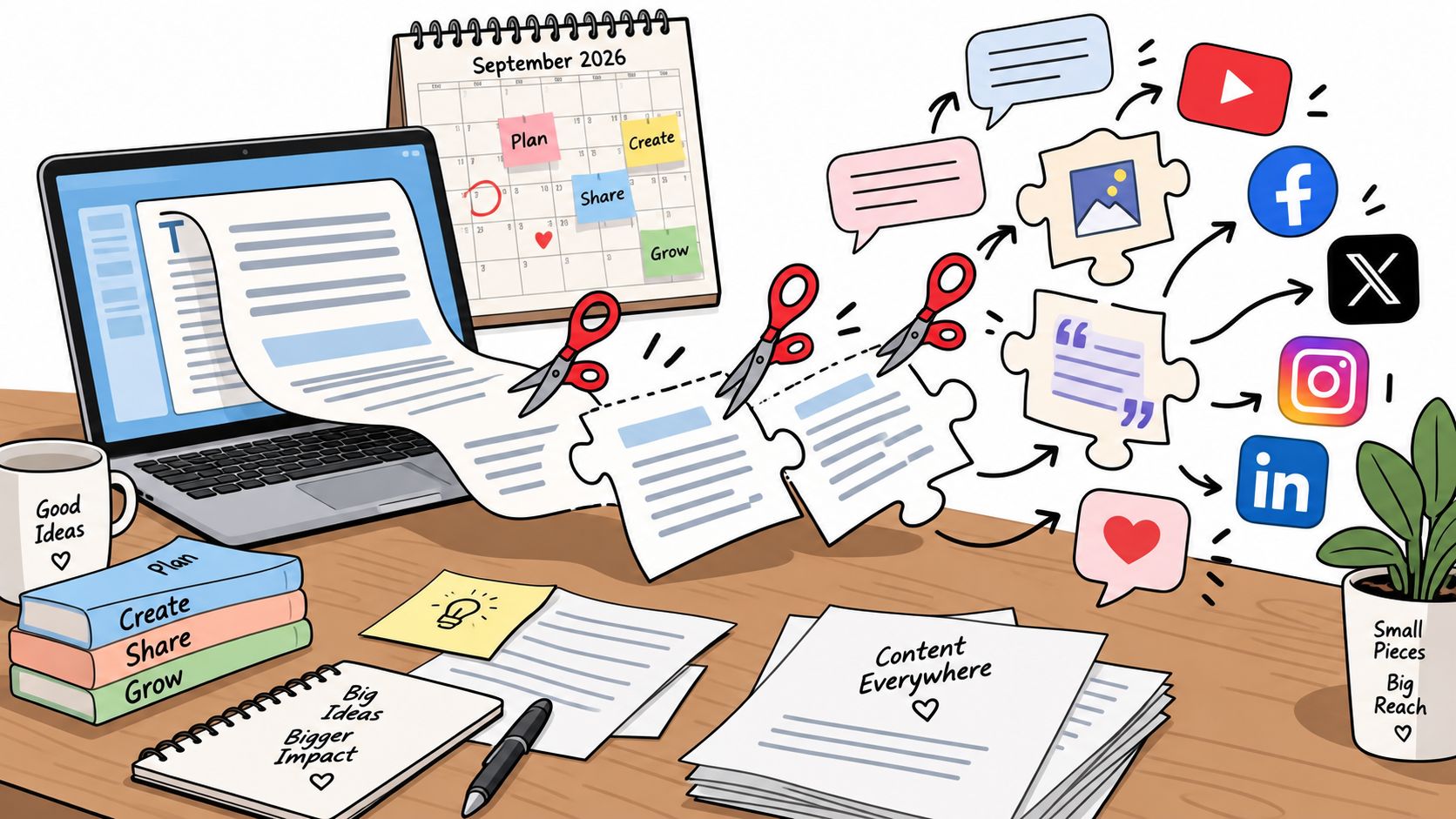 A digital workspace illustrating the process of repurposing long-form content into smaller pieces for social media platforms.
