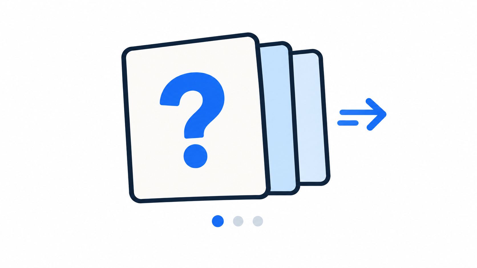 A minimalist graphic of a card deck with a question mark icon and a forward arrow symbol.