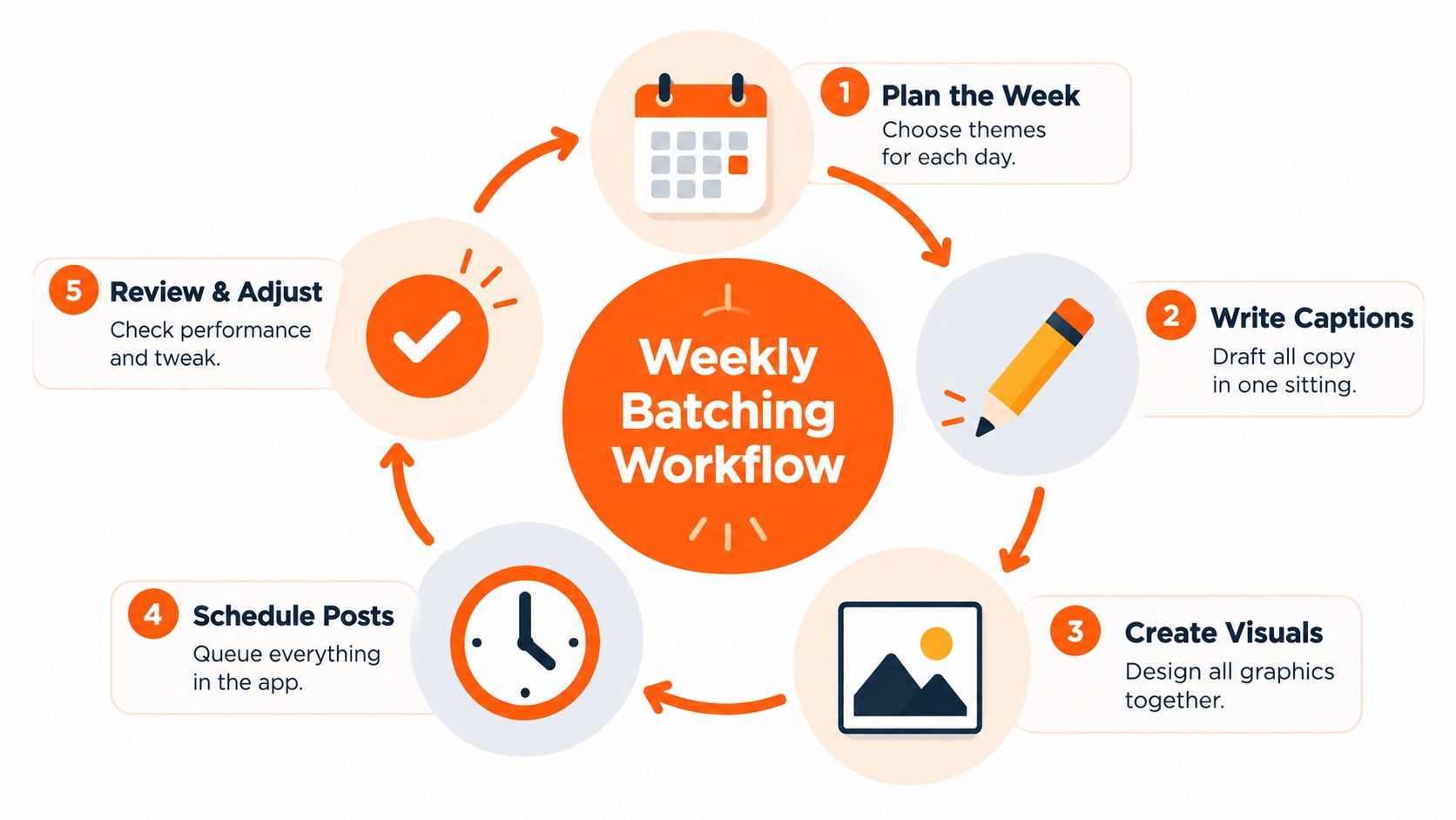 A circular workflow diagram titled Weekly Batching Workflow showing five steps to plan social media content.