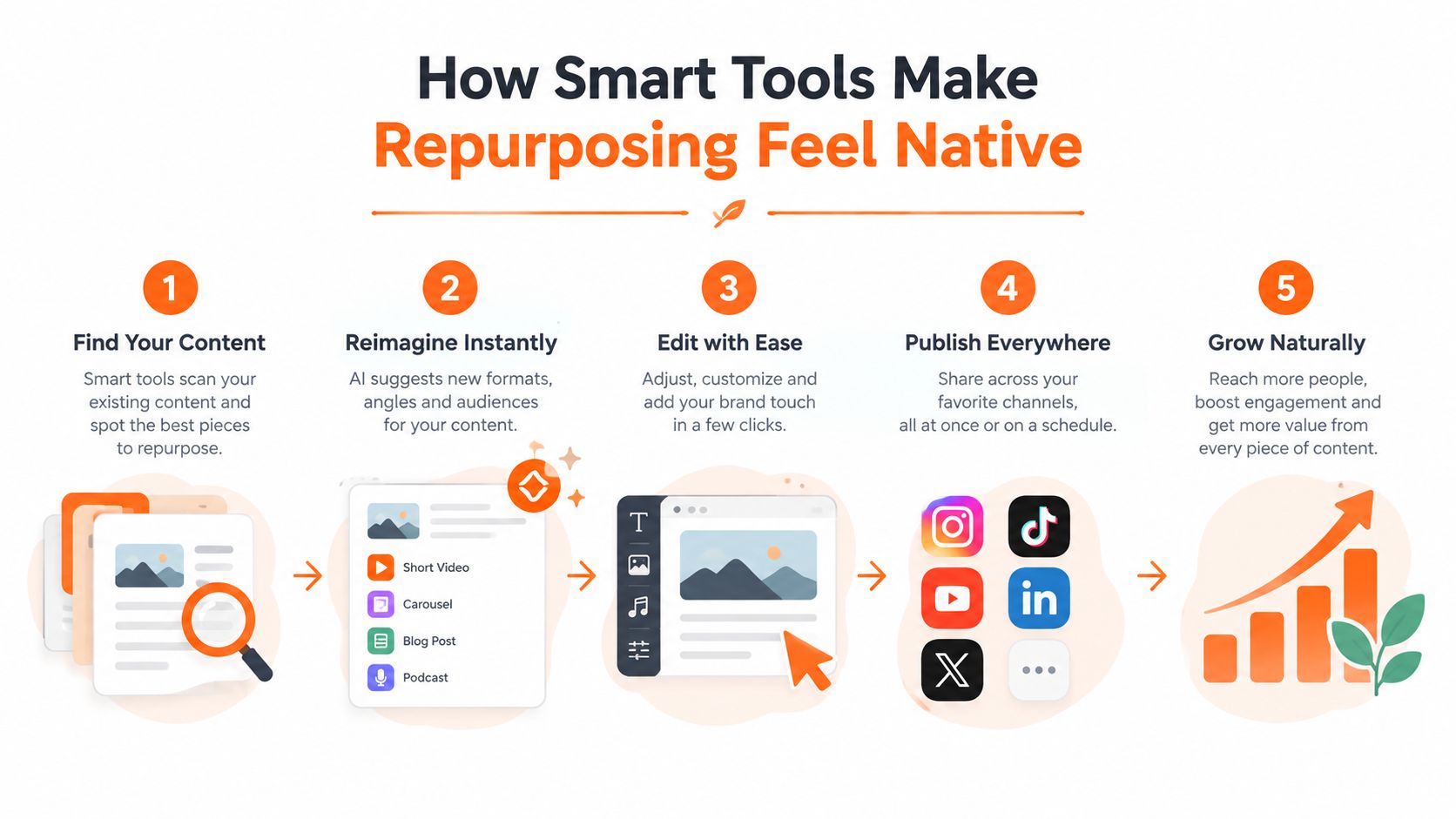 A five-step infographic illustrating how smart AI tools help content creators repurpose existing material effectively.