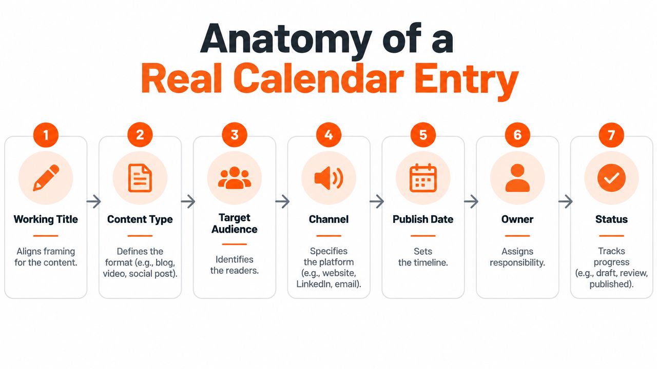 A diagram illustrating the seven essential components of a professional content calendar entry for marketing planning.