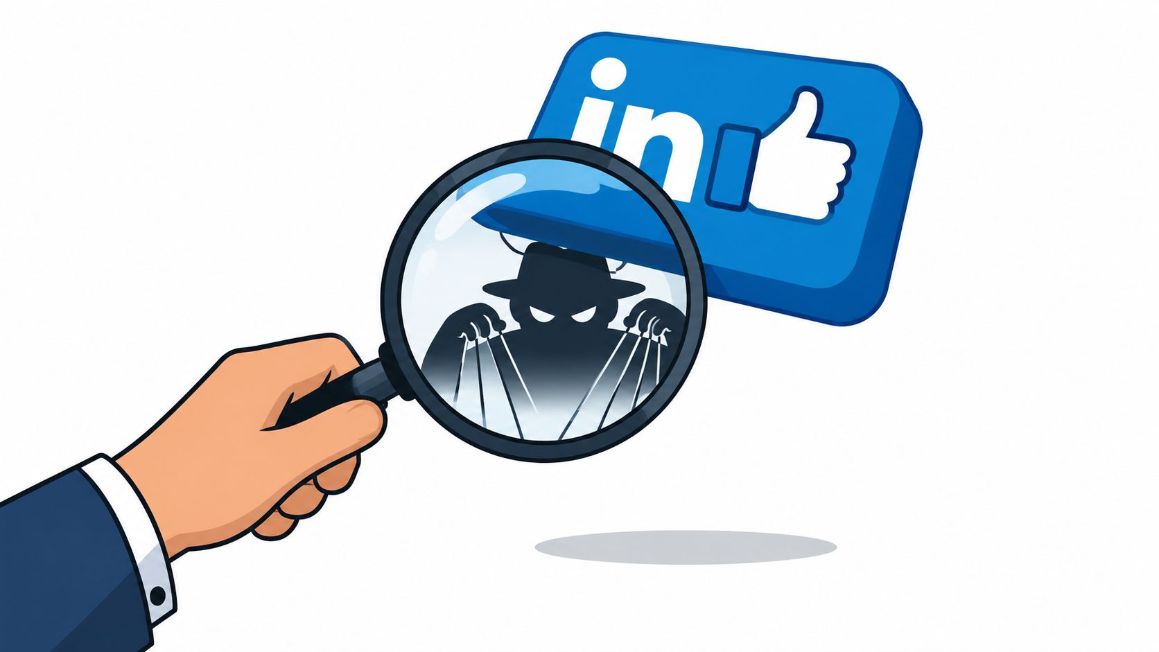 A magnifying glass revealing a shadowy figure manipulating LinkedIn engagement metrics like a puppet master.