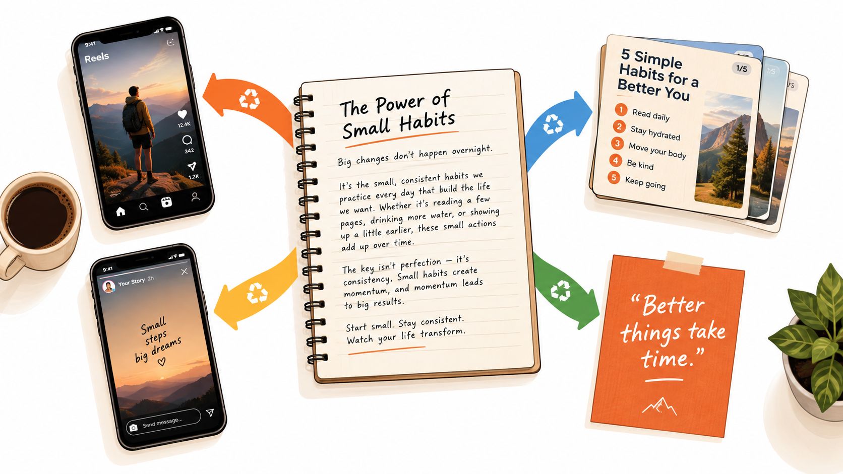 An educational infographic showing the connection between daily habits, motivational content, and social media post ideas.