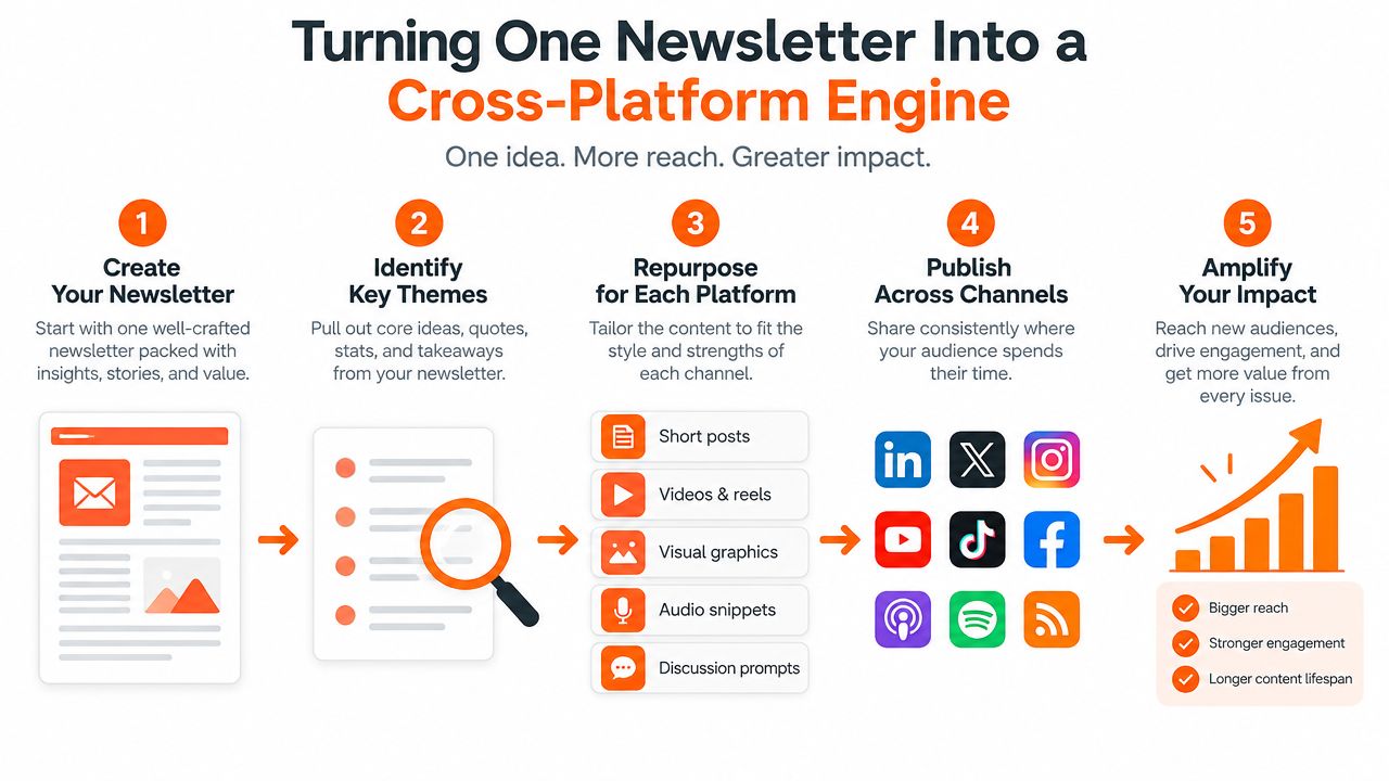A five-step infographic showing how to turn a single newsletter into a multi-platform content distribution engine.