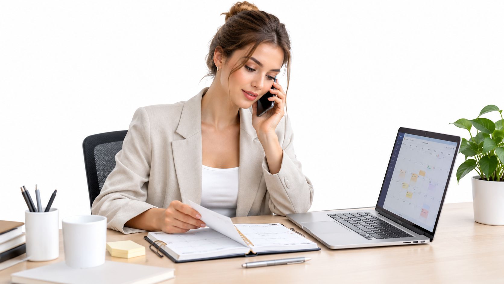 Une secrétaire professionnelle souriante organisant son emploi du temps en parlant au téléphone à son bureau moderne.