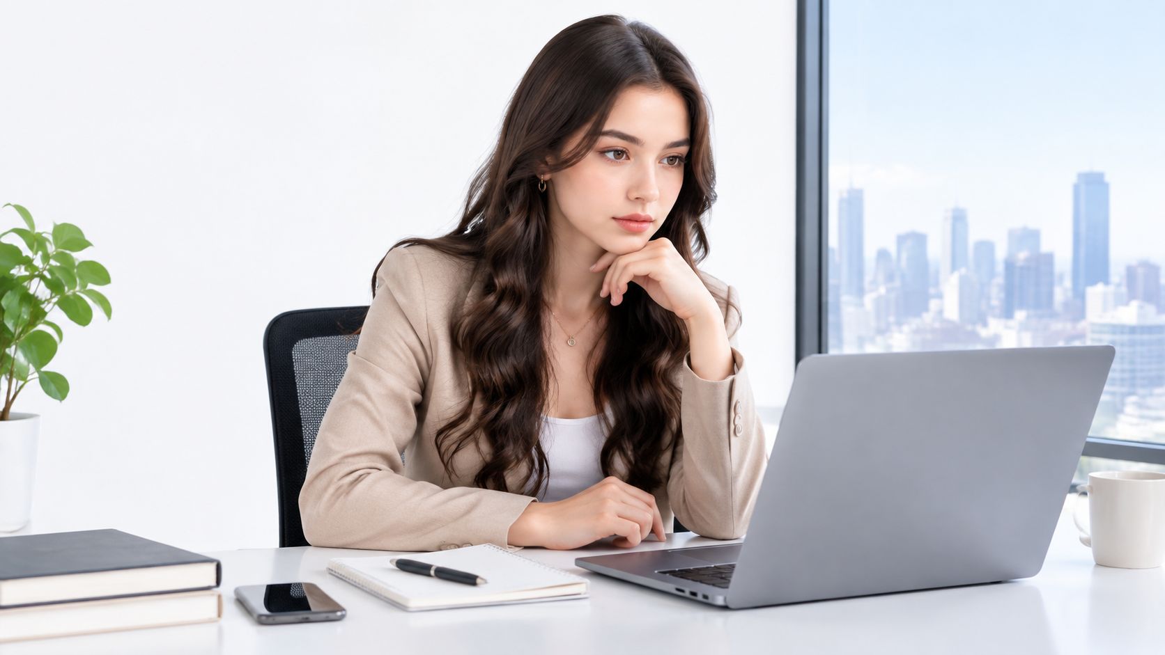 Une femme d'affaires concentrée travaillant sur son ordinateur portable dans un bureau moderne avec une vue urbaine.