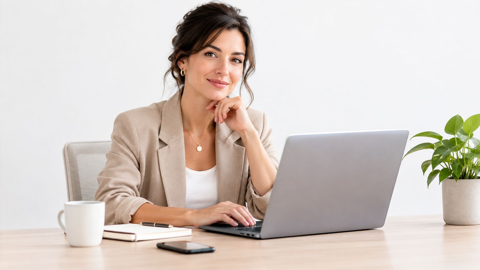 Une femme professionnelle souriante travaille sur son ordinateur portable dans un bureau lumineux et moderne