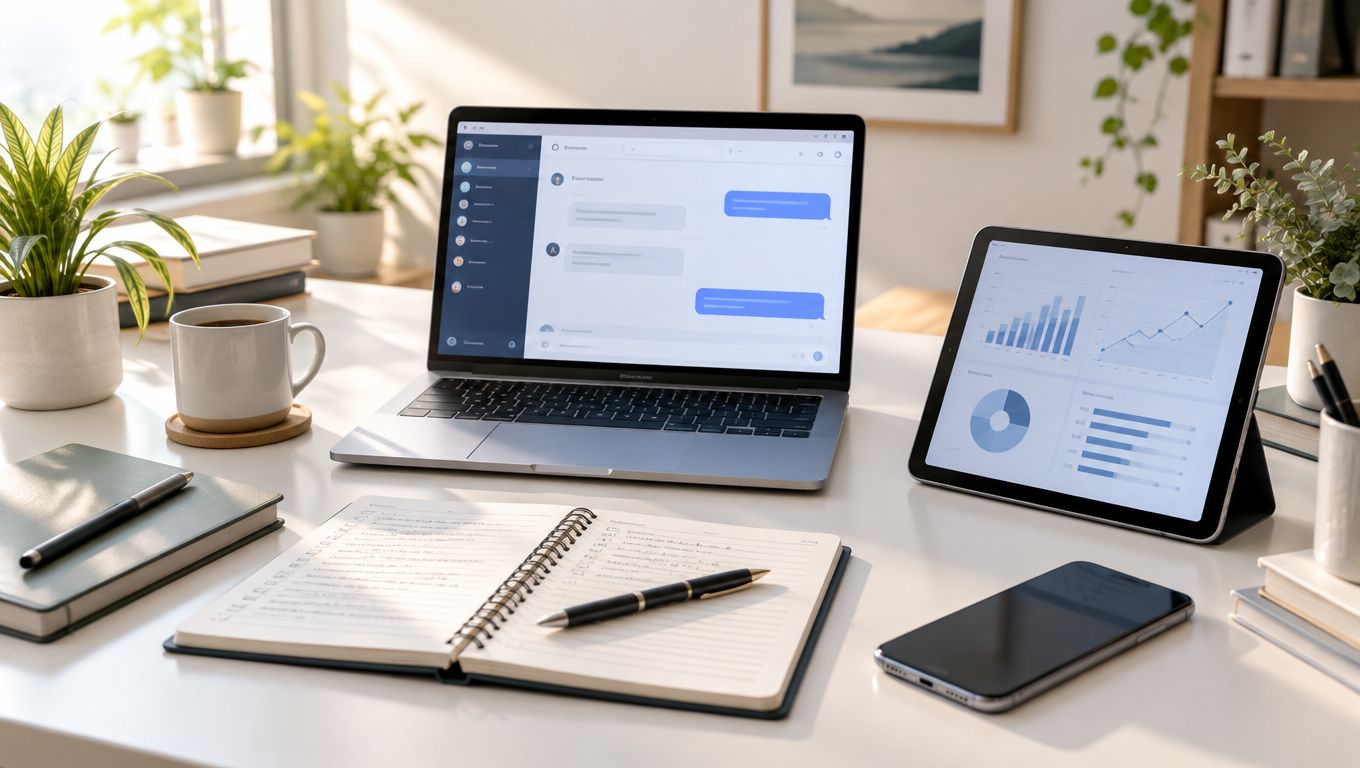 Espace de travail moderne avec un ordinateur portable, une tablette tactile, un cahier et des accessoires de bureau.