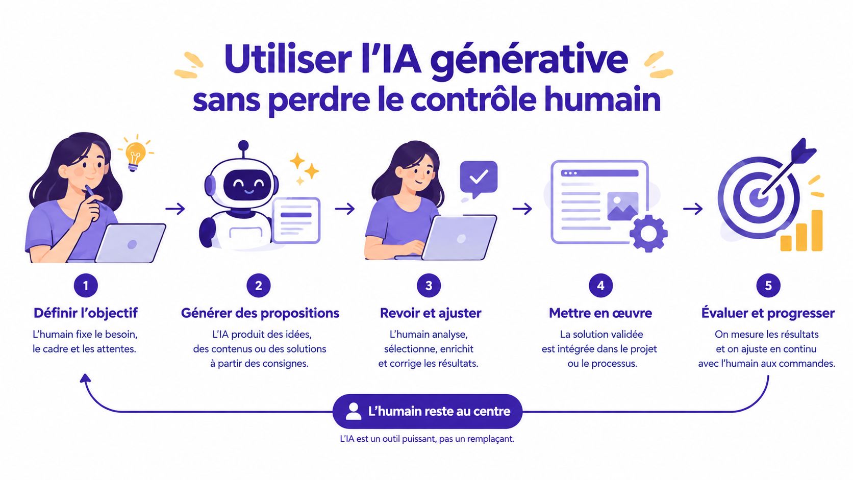 Une infographie montrant les cinq étapes pour utiliser l'IA générative tout en conservant le contrôle humain.