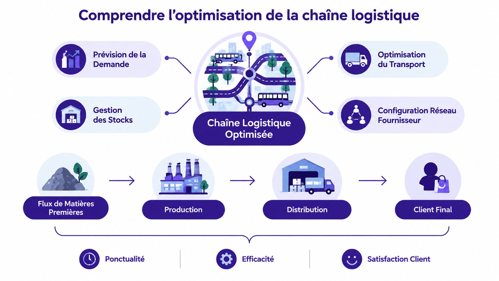 Schéma illustrant l'optimisation de la chaîne logistique, de l'approvisionnement en matières premières jusqu'à la satisfaction du client final.