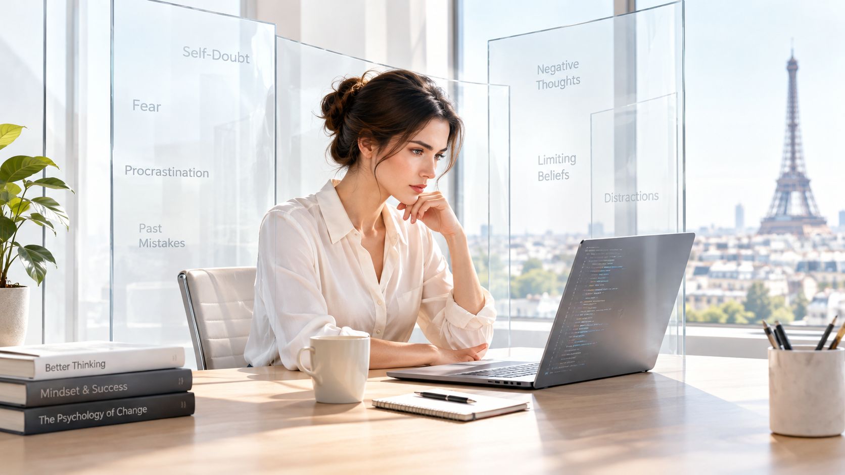 Une femme réfléchie travaillant sur un ordinateur portable dans un bureau moderne avec une vue sur Paris.