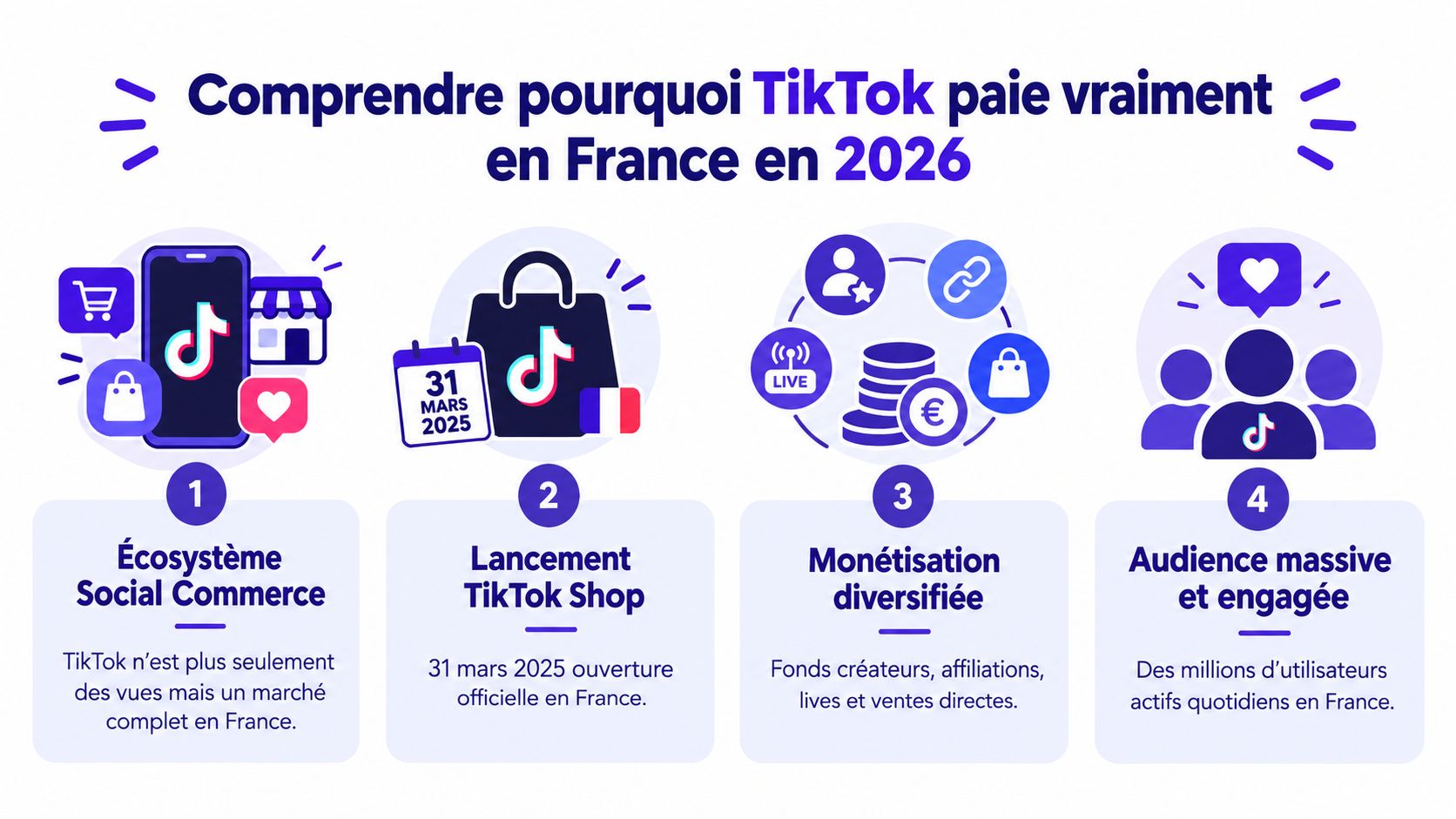 Infographie illustrant les quatre piliers de la rentabilité de TikTok en France pour l'année 2026.